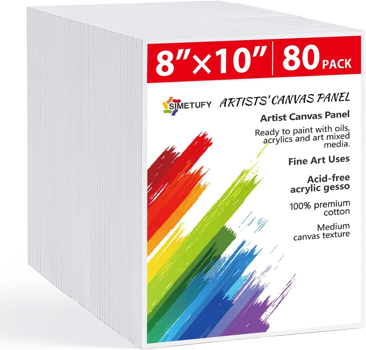 Simetufy Canvas Boards for Painting, 8 x 10 Inch Blank Panels, 100% Cotton for Acrylic & Oil Paints (80 Pack)