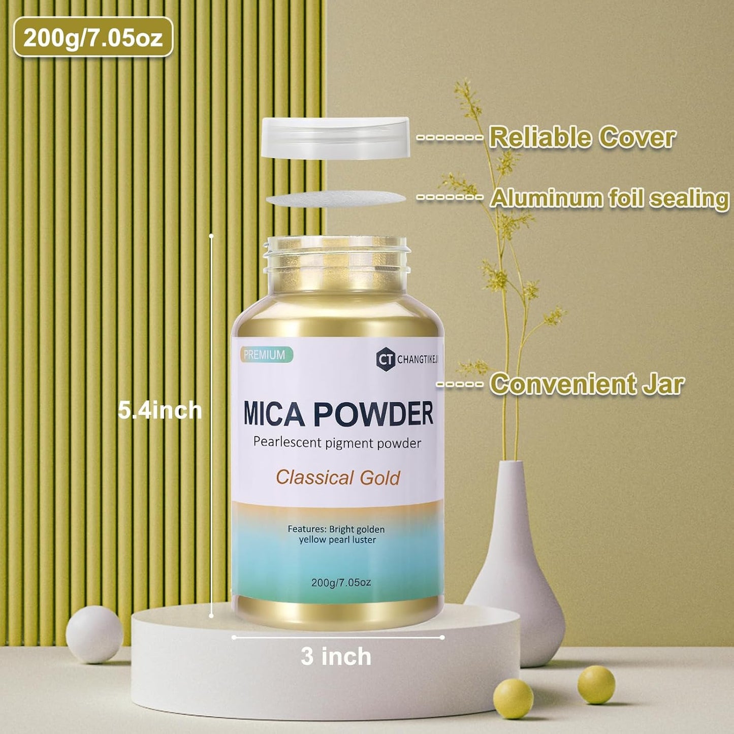 Mica Powder,200g/7.24oz Large Jar,Classical Gold Mica Powder Pigment for Epoxy Resin，Lip Gloss，Paint，Dye，Soap Making，Nail Polish,Candle Making,Bath Bombs