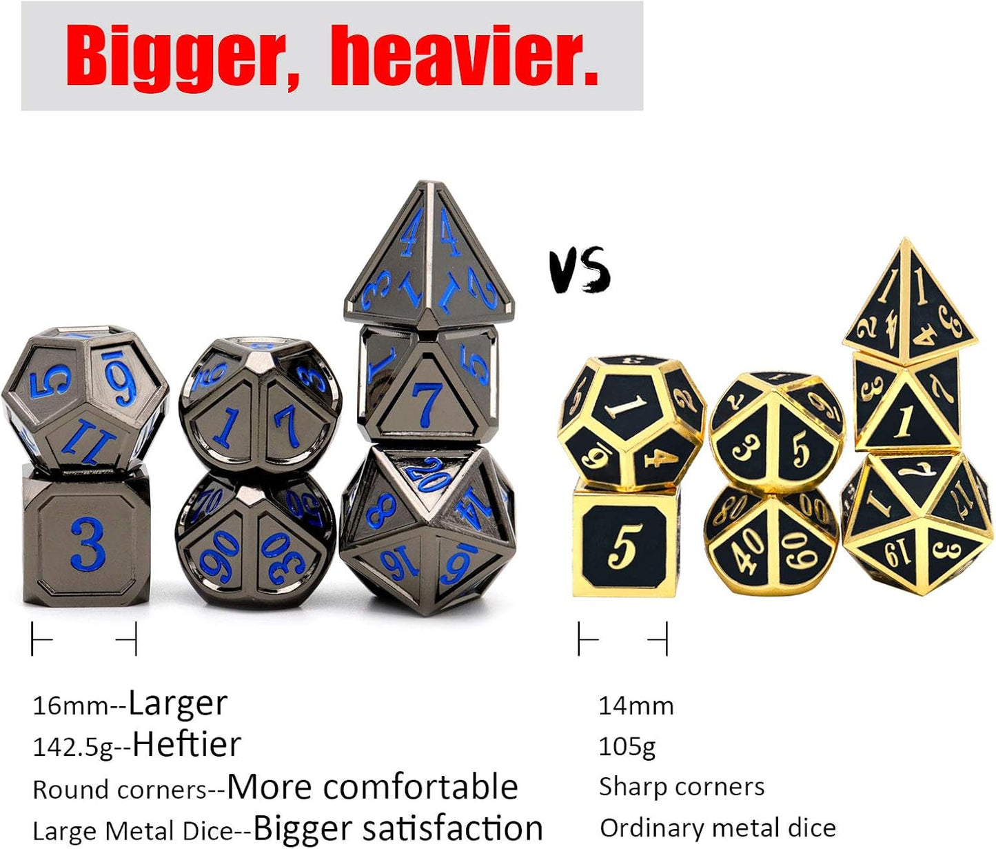 Haxtec Black Metal DND Dice Set D&D W/Gift Metal Case Polyhedral Dice Compatible with Dungeons and Dragons TTRPG-Black Blue Numbers