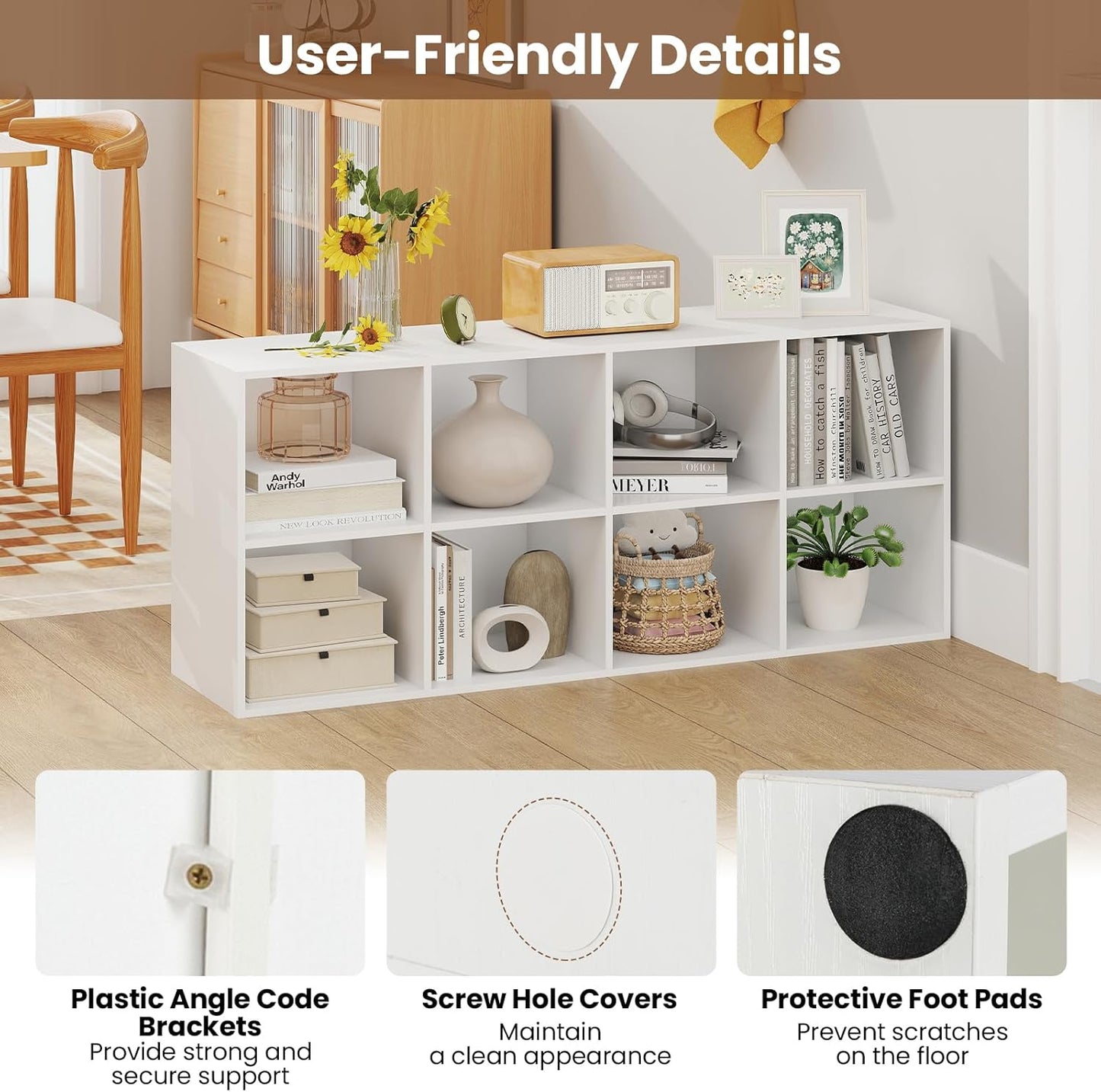 Giantex 8-Cube Bookcase, 3-Tier Cubby Bookshelf, Horizontal Vertical Display Rack with Anti-Tipping Kits, Modern Storage Organizer Shelf Unit for Bedroom, Living Room, Study (White, 8-Cube)