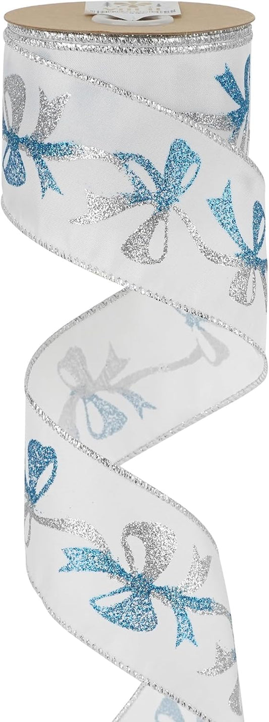 MEEDEE Blue & Silver Christmas Ribbon, 2.5 Inch Wired Satin Ribbon with Turquoise & Silver Glittery Bows, 10 Yards (30 Feet), Perfect for Tree, Garlands, Toppers & Bows