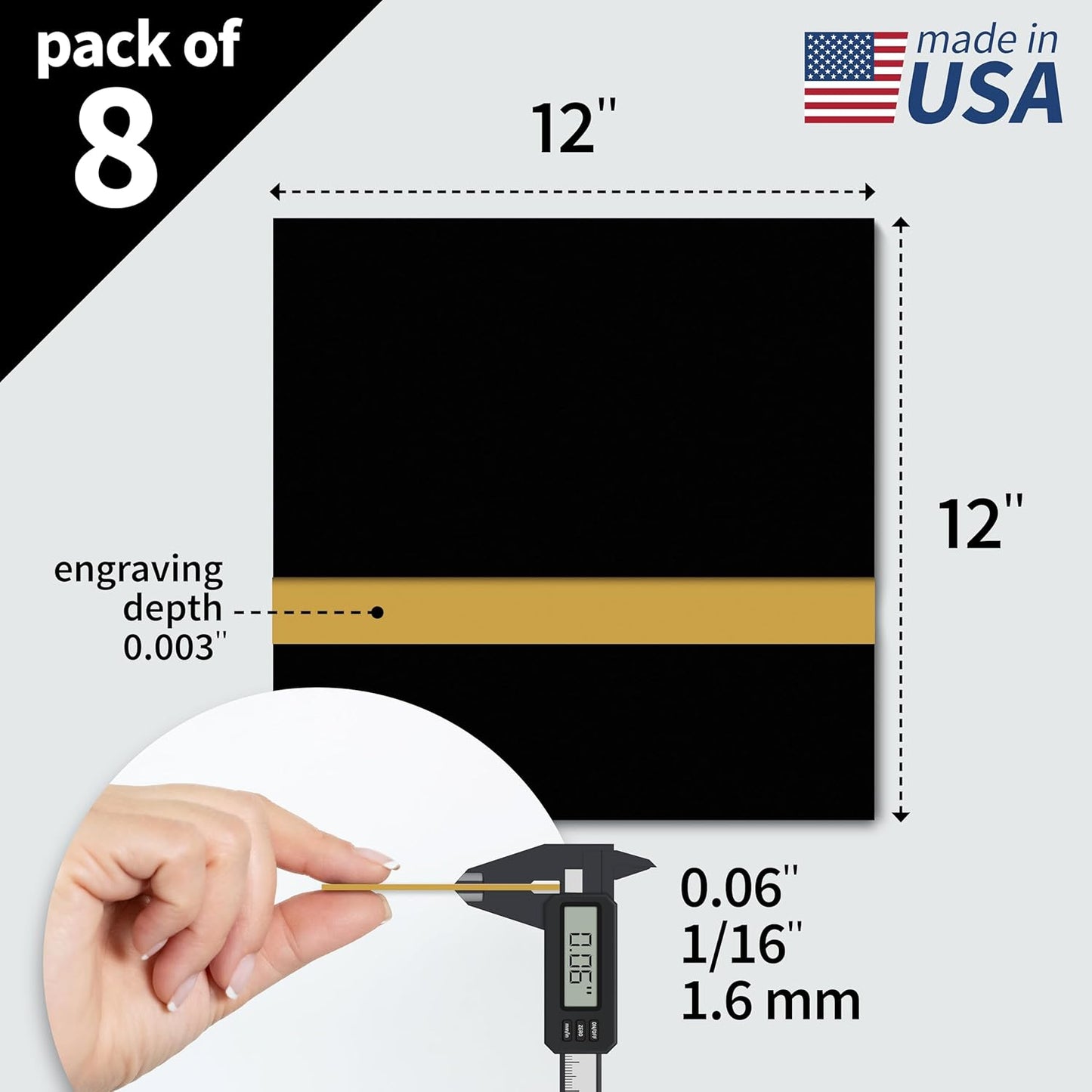 Trotec TroLase | 12"x12"x1/16", 8 Pcs | Black/Gold | 2 Ply | Modified Acrylic | Laser Engraving Double Color Plastic Sheet | Engraving Blanks for Laser, Saw, Guillotine | Made in USA