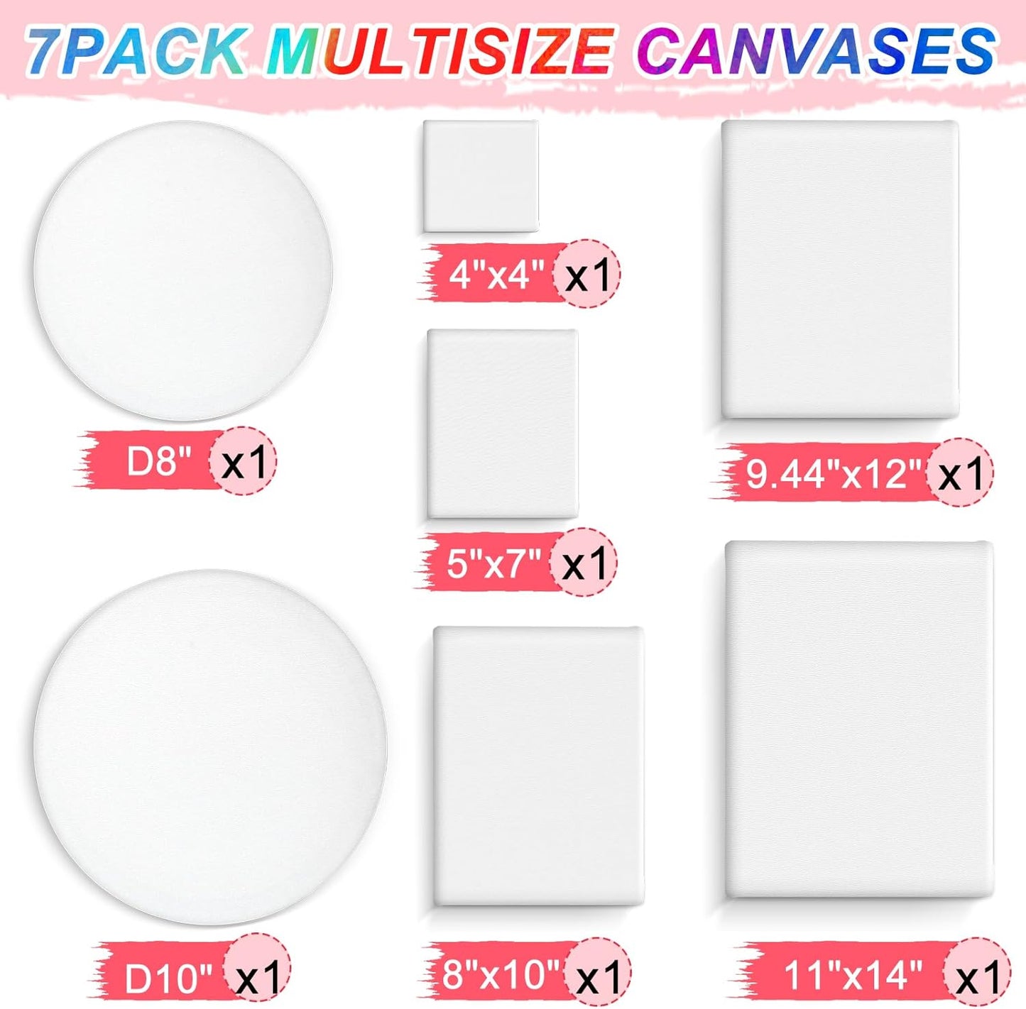 7 Pack Stretched Canvases for Painting, Multi Size 11x14, 9.44x12, 8x10, 5x7, 4x4, Round Canvas with 8x8, 10x10, Primed Blank Canvas for Oil, Acrylic Paint, Beginner, Artist