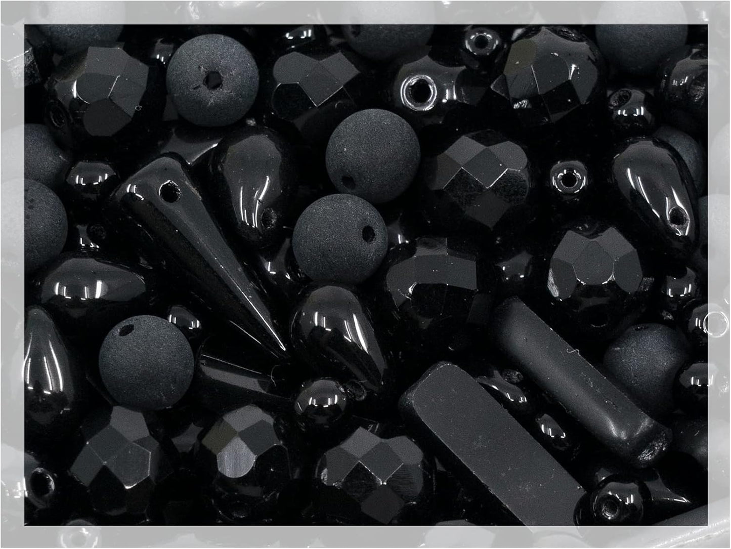 2.1oz (60g) of Glass Bead Mix with Drops, Table-Cut and fire Polish Czech Beads, Glossy & Matte Black