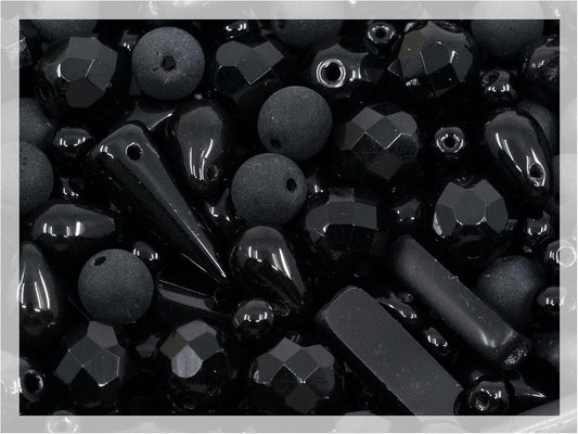 2.1oz (60g) of Glass Bead Mix with Drops, Table-Cut and fire Polish Czech Beads, Glossy & Matte Black