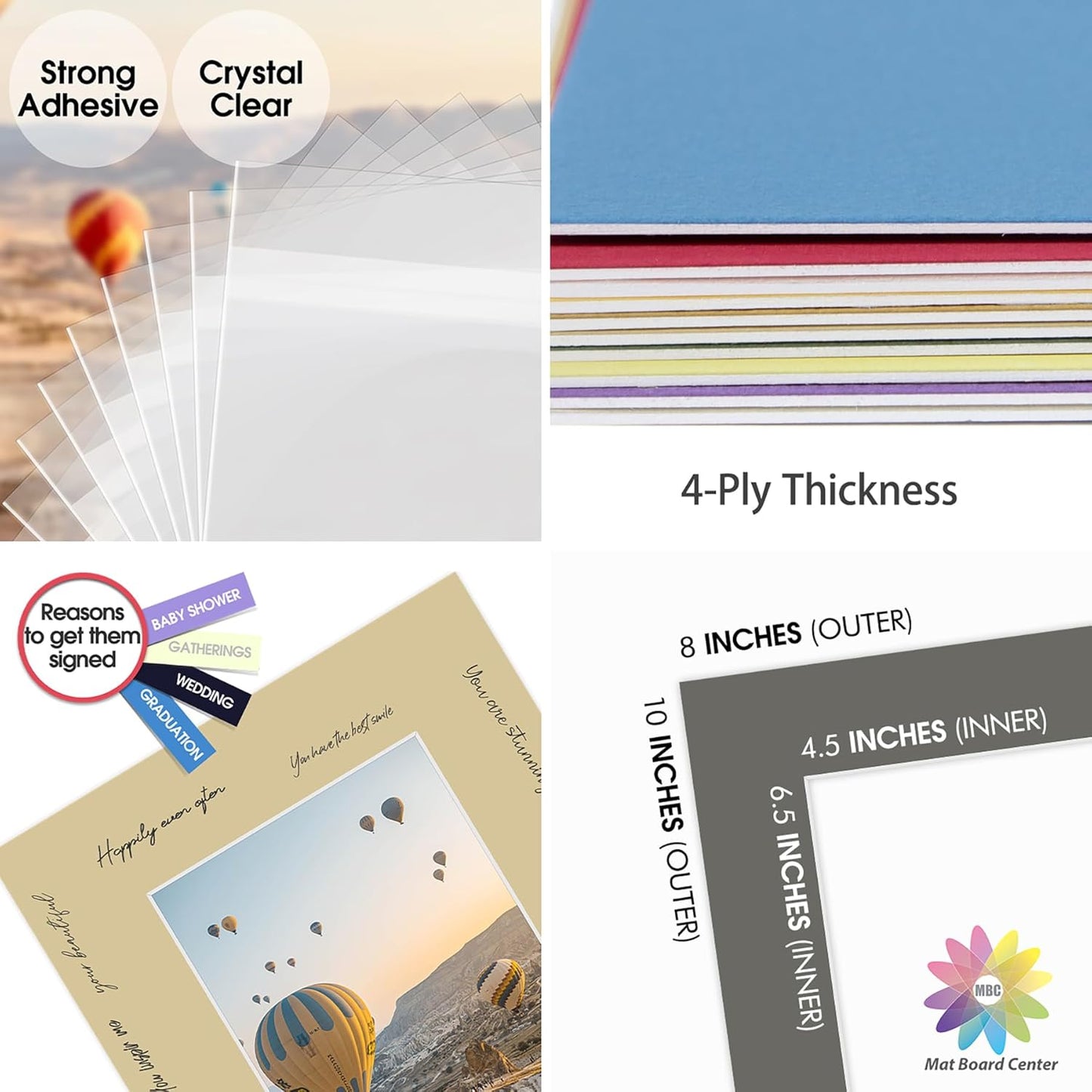 Mat Board Center, Pack of 50, 8x10 for 5x7 Mix Color Picture Mat Sets - Acid Free, 4-ply Thickness, Bevel Pre-Cut White Core - Includes Backing Boards and Clear Bags - for Pictures, Photos, Framing