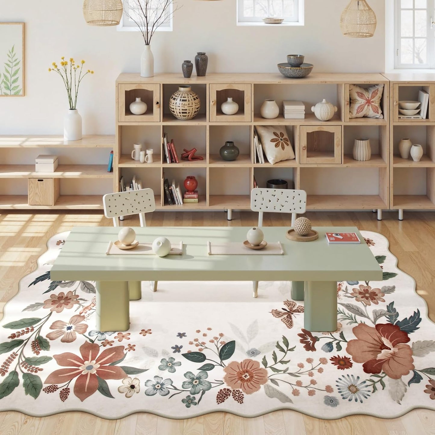 Beeiva 5 x 7 Area Rugs - Scalloped Floral Printed Beige Playroom Rug for Dorm Non Slip Washable Neutral Area Rug Soft Ultra-Thin Aesthetic Throw Carpet for Kids Room Nursery Living Room(Beige,5x7ft)