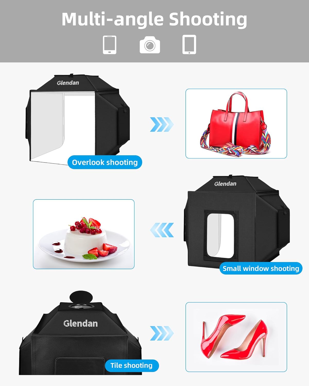 Glendan Portable Light Box Photography: 16"x16" Professional Dimmable Photo Box with High CRI 480 LED Lights - Soft Box with 4 Photo Backdrops for Jewelry and Product Photography