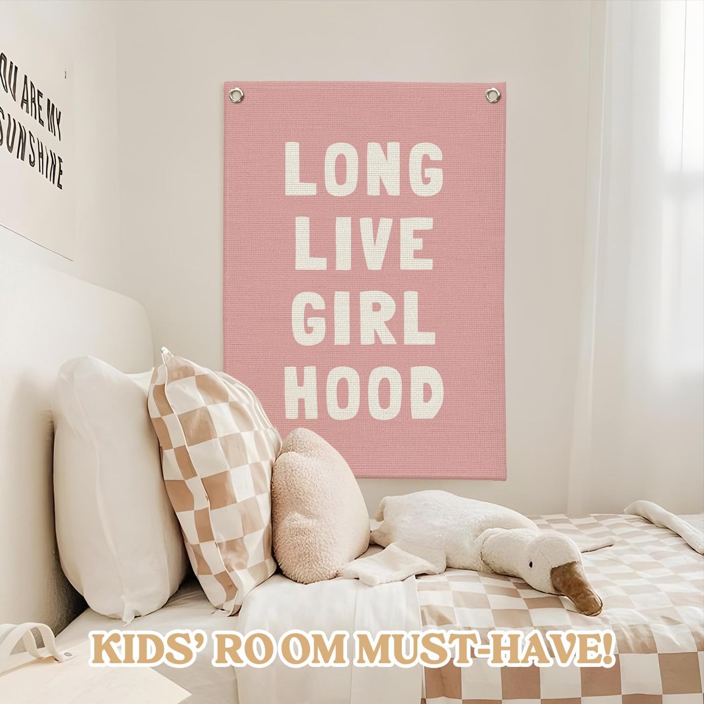 Toddler Girl Room decor,Long Live Girlhood Pink Linen Banner, Nursery Playroom Wall Hanging Flag Banner for Kids Bedroom Toddler Decorations Trendy Room Decor 18x25 Inch