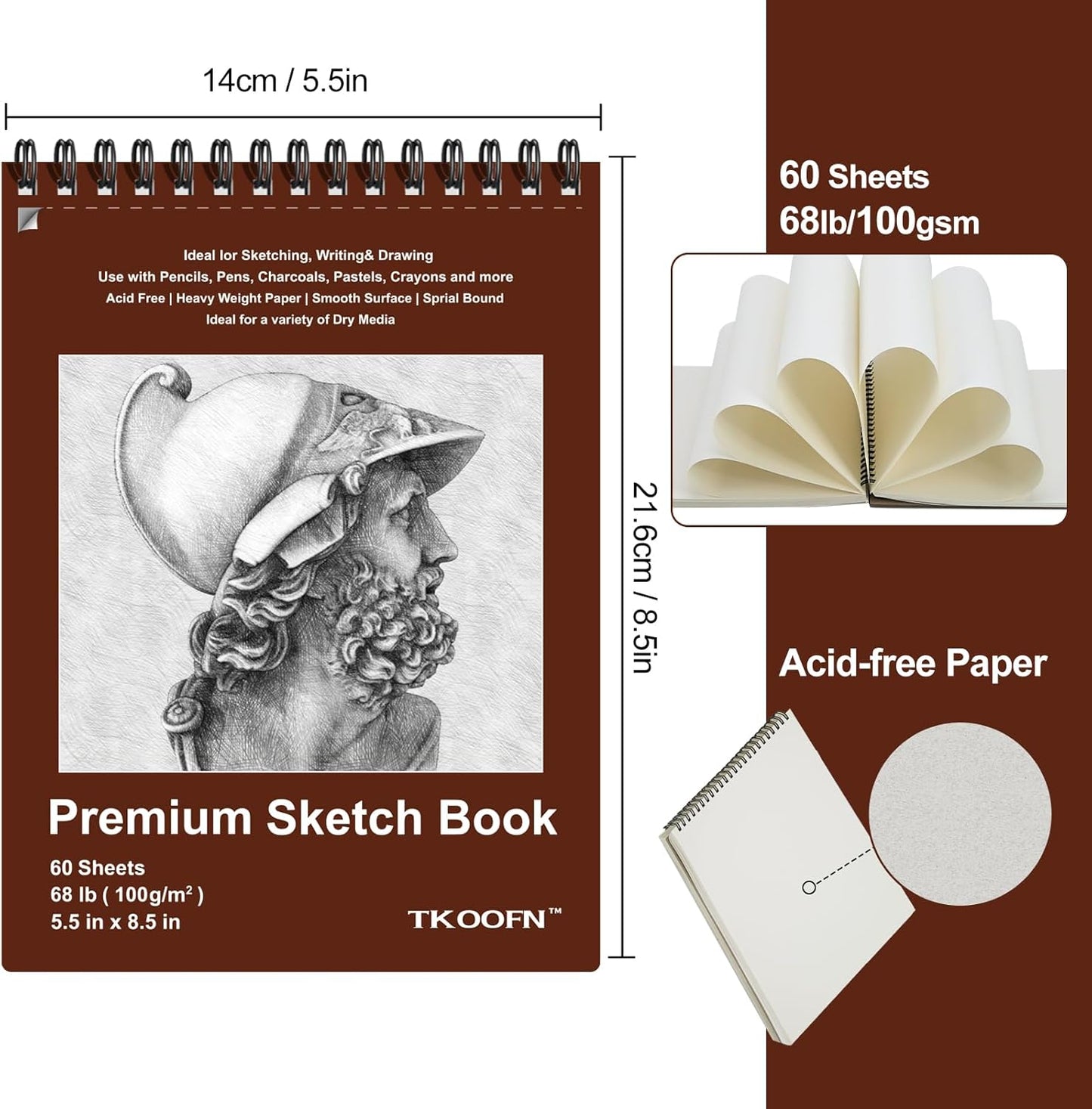 TKOOFN 5.5" x 8.5" Sketch Book, Pack of 5, 300 Sheet Top Spiral Bound Premium Sketchbook Drawing Pads(68lb/100gsm), Acid-Free Painting Paper for Adults Kids Artists Beginners