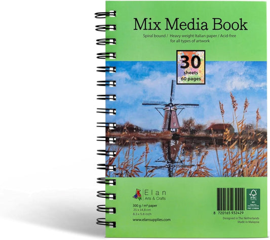 Elan A5 Mixed Media Journal, 30 Sheets Italian Paper 110 lb/250 GSM, Acid-Free Mixed Media Sketchbook 8.3x5.8 Inch, A5 Sketchbook Spiral Bound
