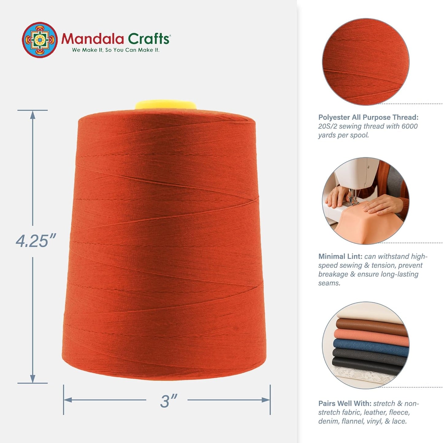 Mandala Crafts 4 Pack of Serger Threads Cones Spools - 20S/2 24000 Yards Polyester Terracotta Threads for Sergers Machine and Overlock Quilting Sewing Machine