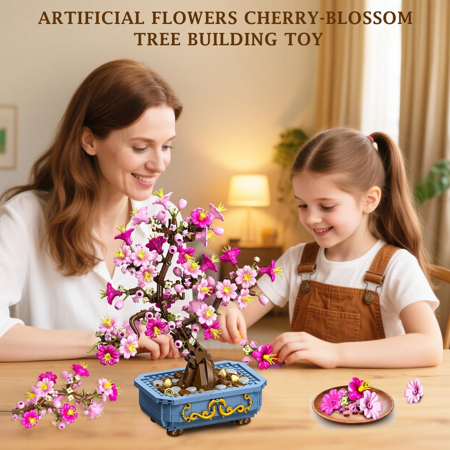HOGOKIDS Flowers Cherry-Blossom Bonsai Building Set - 2 in 1 Artificial Bonsai Tree Plants for Home Decor & Display Cherry Botanical Flowers Building Toy Birthday Gift for Adults Teens (775PCS)