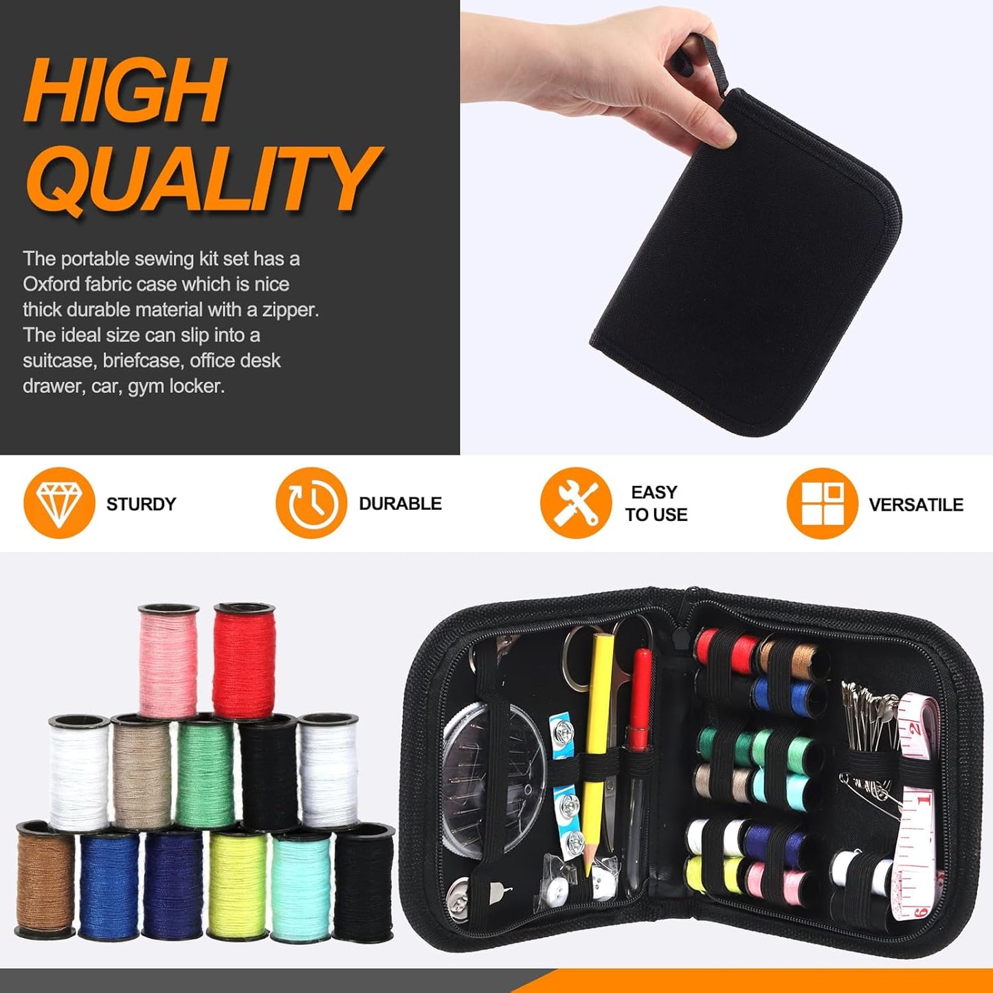 Rustark 98Pcs Sewing Kit With Portable Bag, Premium Supplies Including 14 Colors Threads and Accessories for Home, Traveler, Emergency Repair