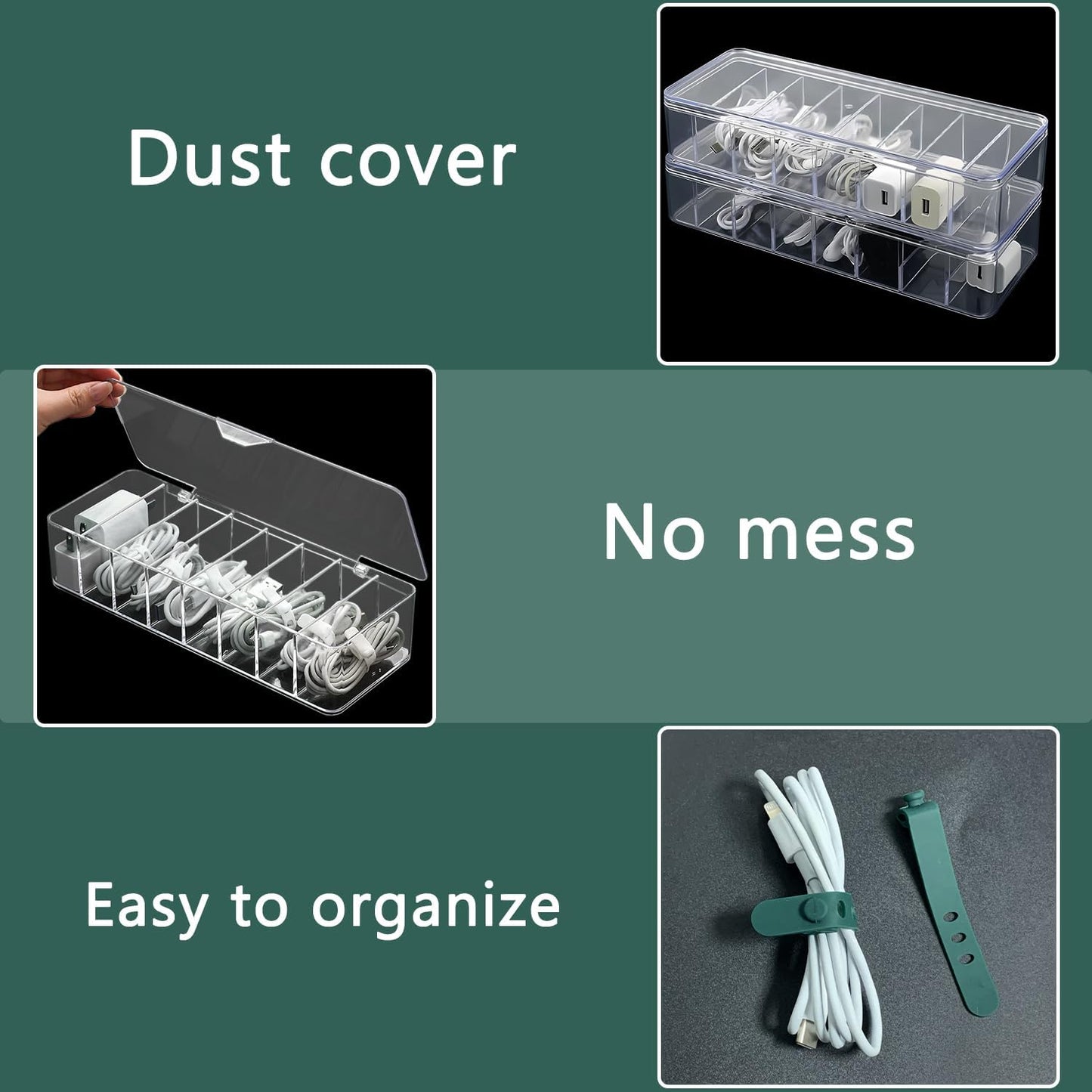 DUOFIRE 2 Pcs Cord Organizer with 16 Cable Ties, Clear Acrylic Cable Organizer Charger Organizer Electronics Organizer with Lid for Home Office Desk Organizers and Accessories