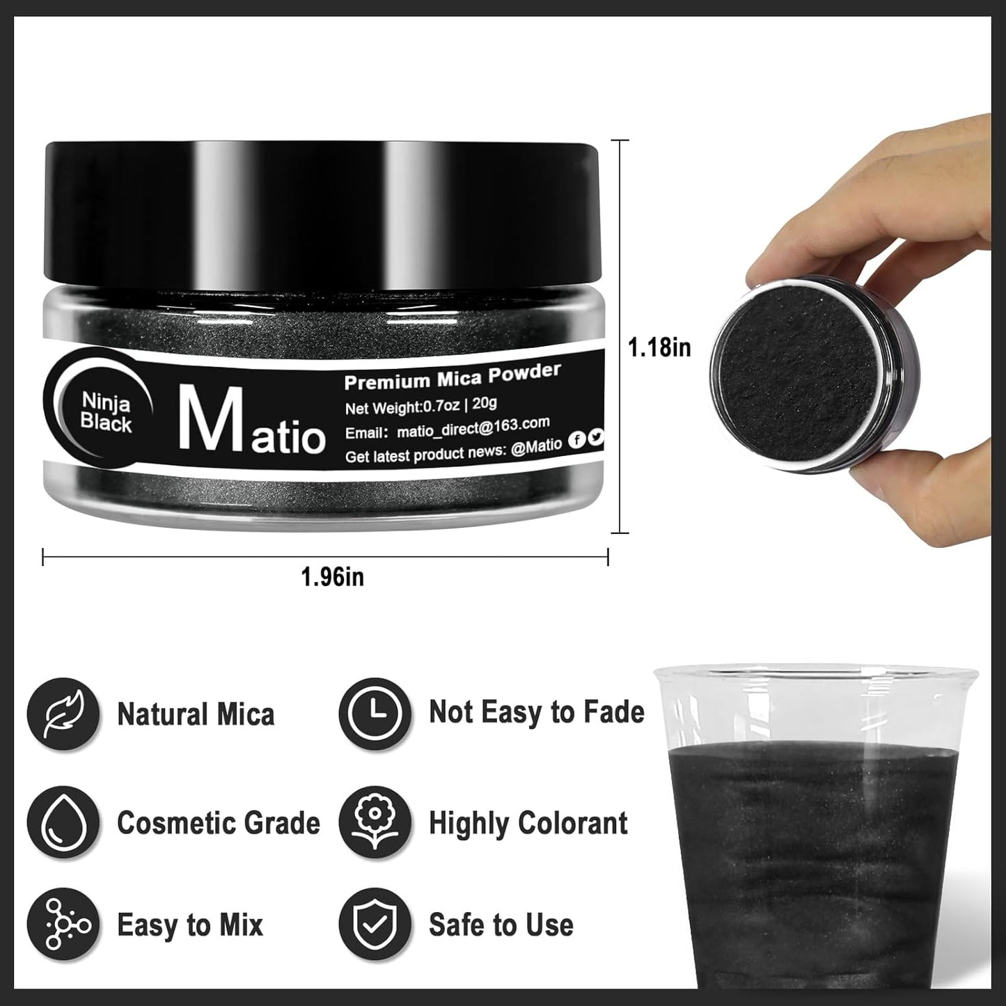 Matio Black Mica Powder, 0.7oz/20g Premium Mica Pigment Powder Natural Epoxy Resin Color Pigment for Soap Dye,Bath Bombs,DIY Arts Crafts Additive Acrylic,Woodworking,Car Freshie Supplies (Ninja Black)