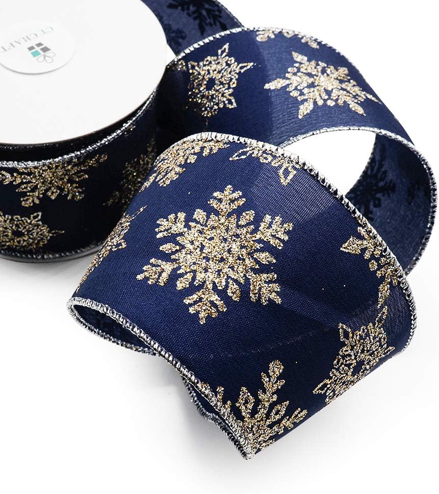 CT CRAFT LLC Navy Satin Gold Snowflake Wired Ribbon 2.5 Inch x 10 Yards for Christmas Home Decor Tree Topper Bow Gift Wrapping DIY Crafts Wreath Garland