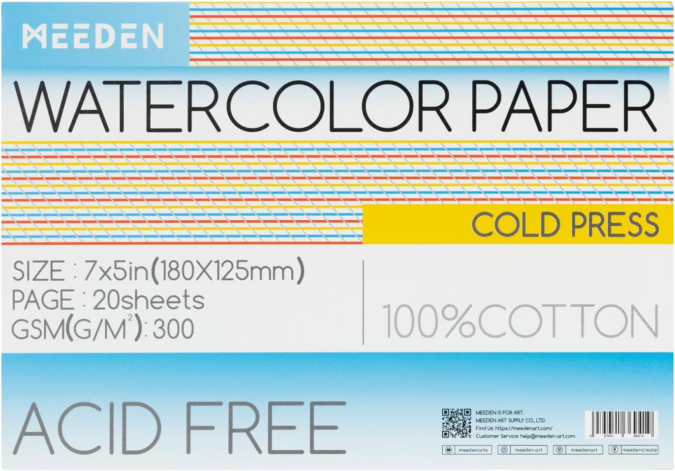 MEEDEN Watercolor Paper Block, 100% Cotton Watercolor Paper Pad of 20 Sheets, 140lb/300gsm, Acid-Free Art Paper for Watercolor, Gouache, Ink and More, 5" x 7" Cold Press