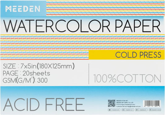MEEDEN Watercolor Paper Block, 100% Cotton Watercolor Paper Pad of 20 Sheets, 140lb/300gsm, Acid-Free Art Paper for Watercolor, Gouache, Ink and More, 5" x 7" Cold Press