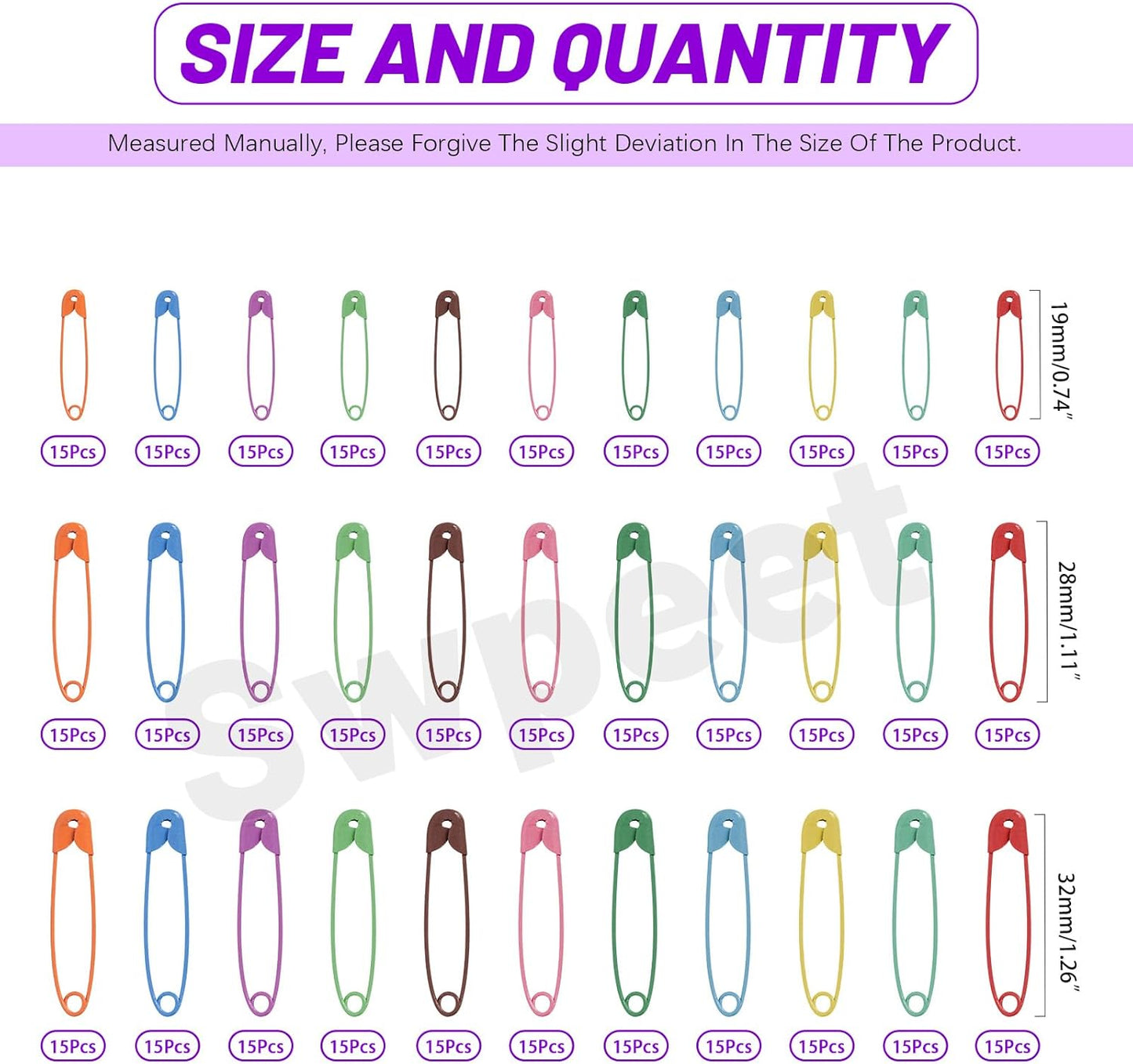 Swpeet 495Pcs 3 Sizes 19mm 28mm 32mm Colorful Safety Pins Assortment Kit, Rust Resistant Steel Small Safety Pin Kit with Clear Case, Mini Safety Pins for Sewing, Clothes, Craft Arts