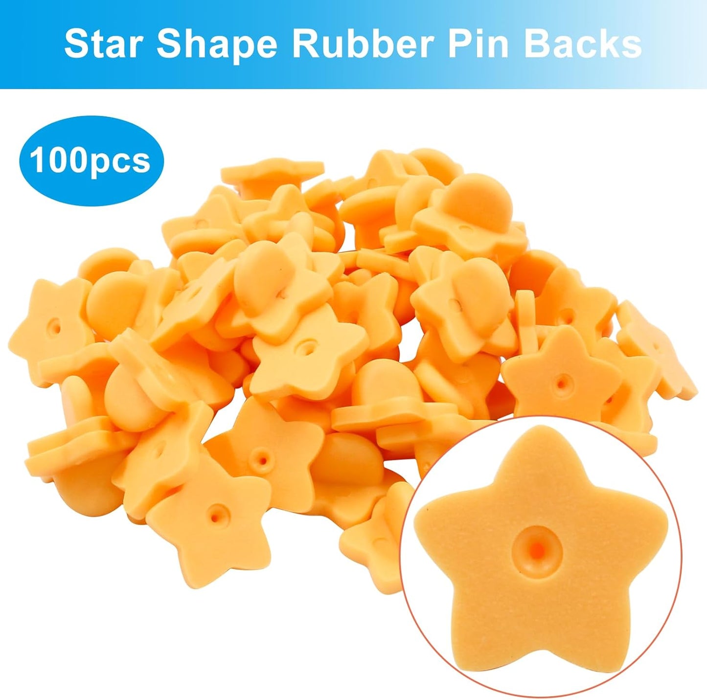 100 Pack Star Shape Rubber Pin Backs, Lapel Pin Backing Locking Pin Keepers, Brooch Holder for Uniform Badge Hat Tie（Orange）