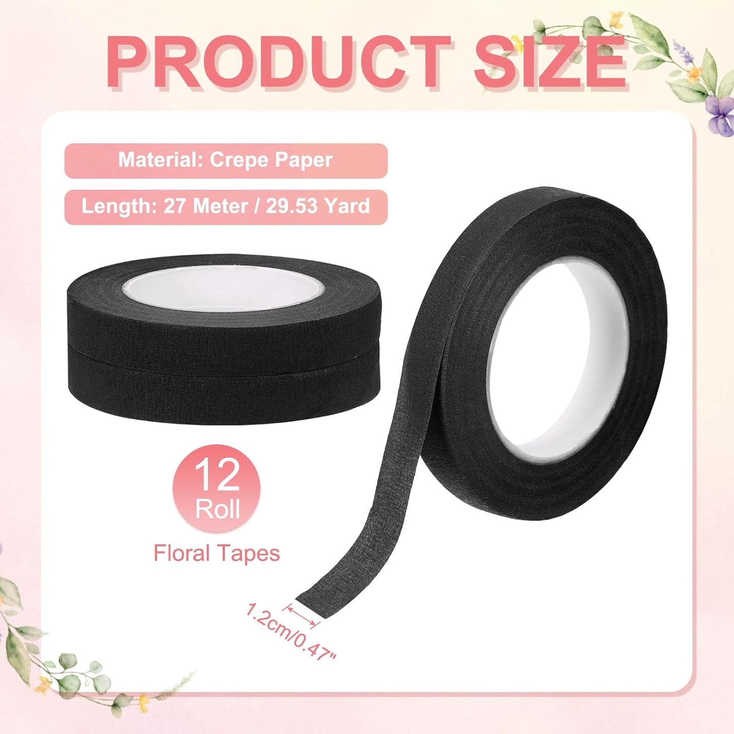 MECCANIXITY 12 Rolls Floral Tapes, 30 Yard x 1/16 in Florist Crepe Flowers Bouquets Tape Adhesive Waterproof for Flower Arranging Wrapping, Black