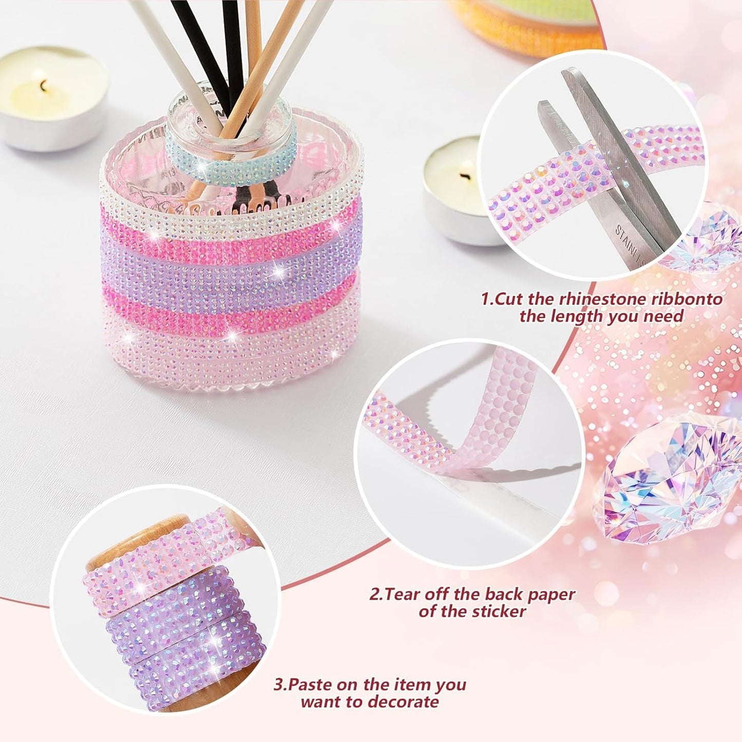 Rhinestone Ribbon Self Adhesive, 10-Rolls Bedazzling Strips, 10-Yard Rhinestone Strips for DIY Craft, Rhinestones for Crafting, 10 Colors