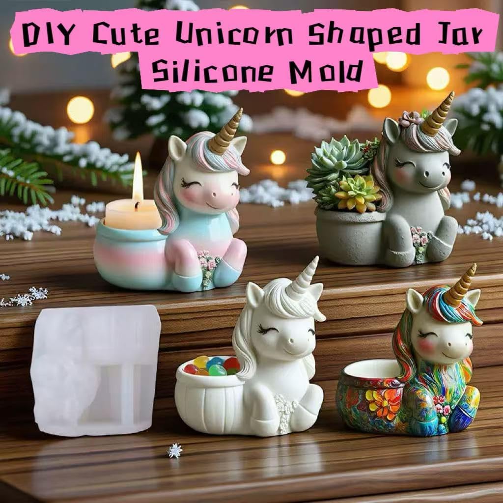 Animal Resin Molds Silicone 3D Cute Unicorn Epoxy Resin Jar Plaster Candle Holder Wax Molds for Candle Making, Art Crafts DIY Unique Display Home Decor