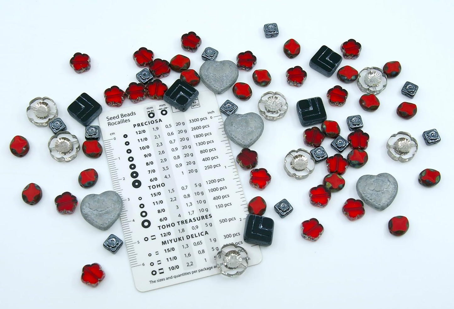 65+ pcs (2.1oz=60g) of Focal Glass Bead Mix with Table-Cut Hawaii Flower and Heart with Rose Beads, PG Gray Red