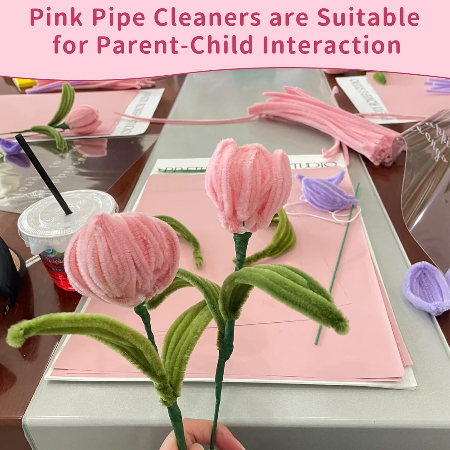600 Pcs Pink Pipe Cleaners Craft for Flowers,Multiple Assorted Colors Pipe Cleaners Bulk, Chenille Stems for DlY Flower Making Kit.Pink Pipe Cleaners Craft Set(Pink)