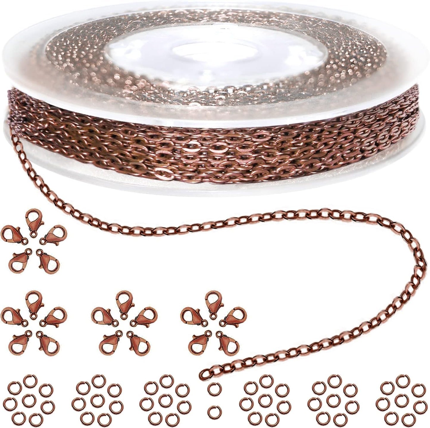 Jishi 33ft Link Cable Chain Roll 2mm, Red Copper Chain for Jewelry Making Necklace Earring Bracelet DIY Craft Jewelry Making Findings Supplies, Copper Plated Iron Metal Rolo Necklace Chain Spool Set