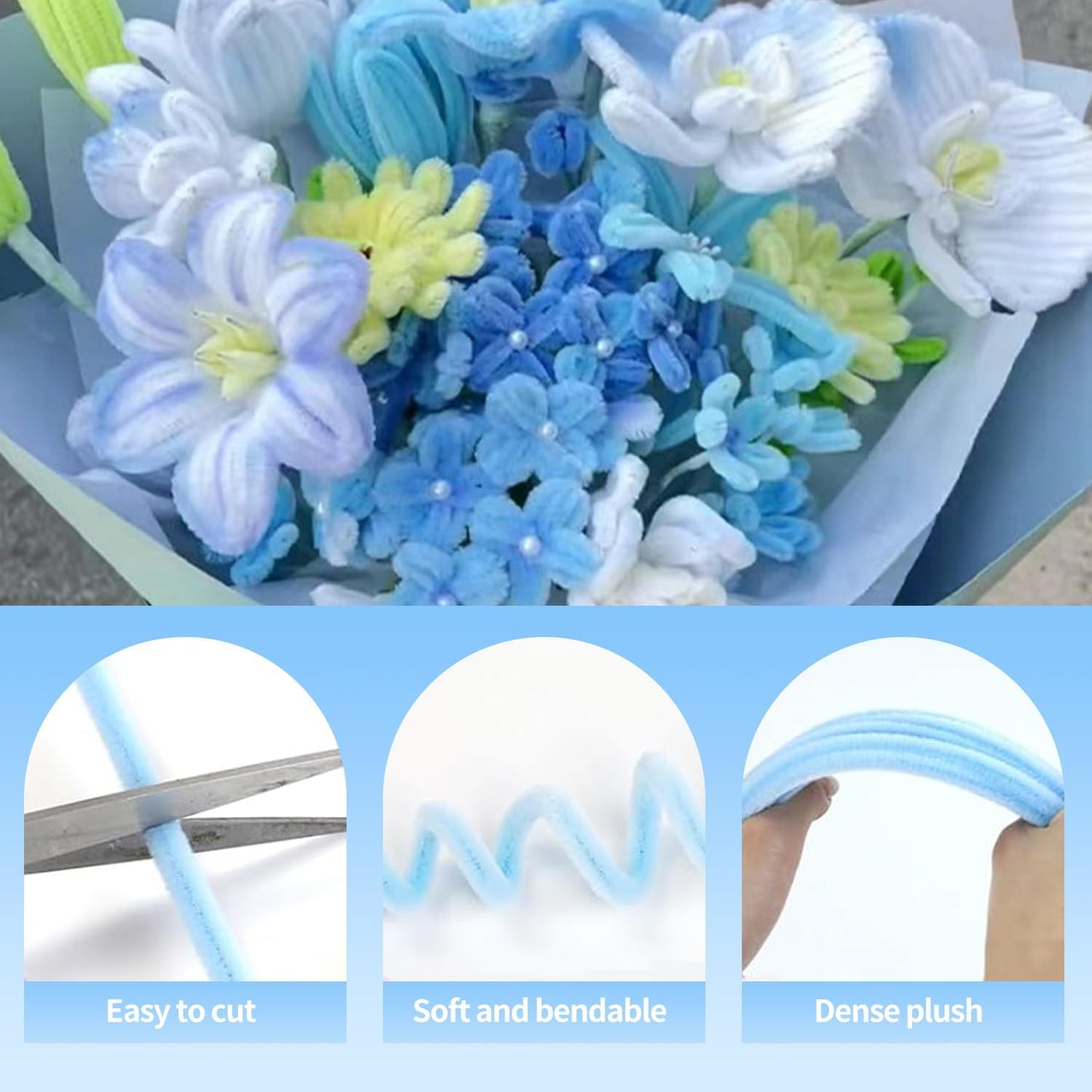 500 Pcs Pipe Cleaners Craft，5 Colors Pipe Cleaners Bulk,Chenille Stems Flowers Craft kit for DIY Handmade Bouquet Wrapping Party Decorations whit Ribbons，Stems,Tape，Stamens, Glue Sticks (Blue)