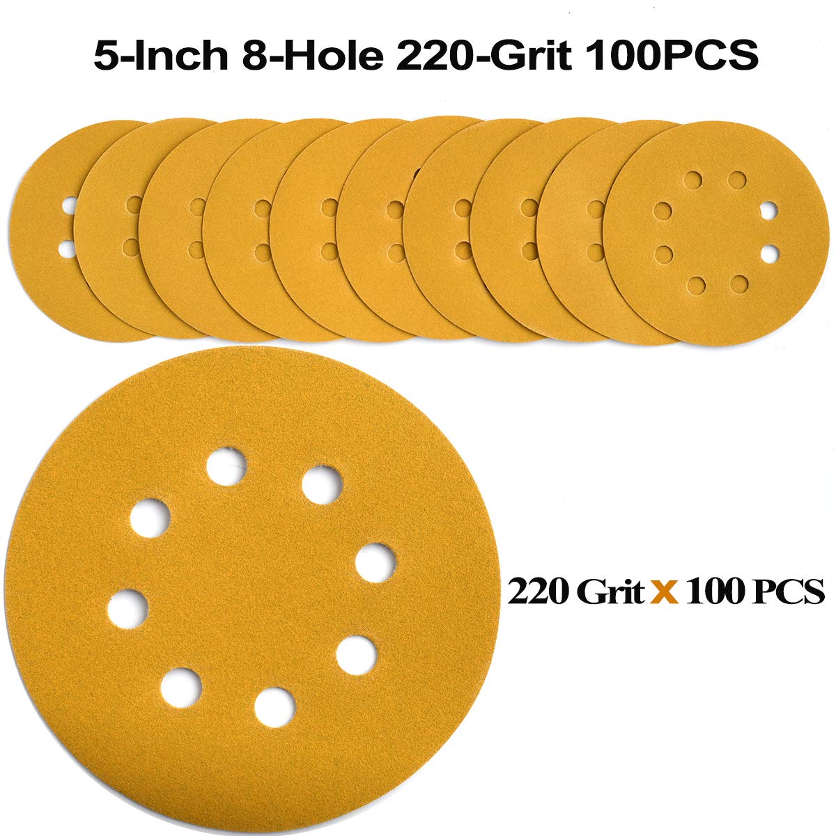 5-Inch 8-Hole Hook and Loop Sanding Discs 220-Grit Random Orbit Sandpaper, 100-Pack