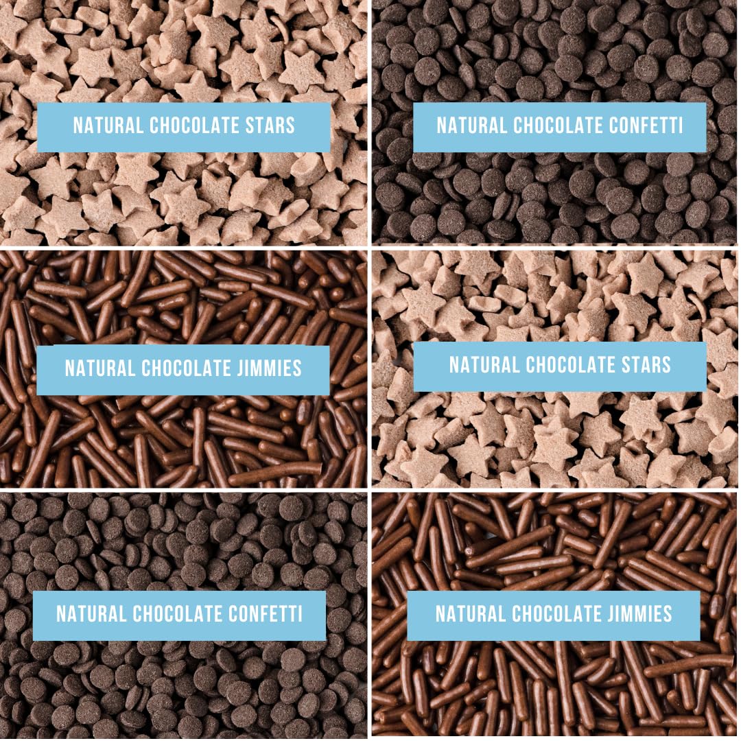 Sweets Indeed Dye-Free Chocolate Sprinkles – 2.75 oz 6-Cell Mix with Jimmies, Star Shapes & Confetti Circles | Natural Brown Sprinkle Set for Cookies, Cakes, Cupcakes & Dessert Decorating