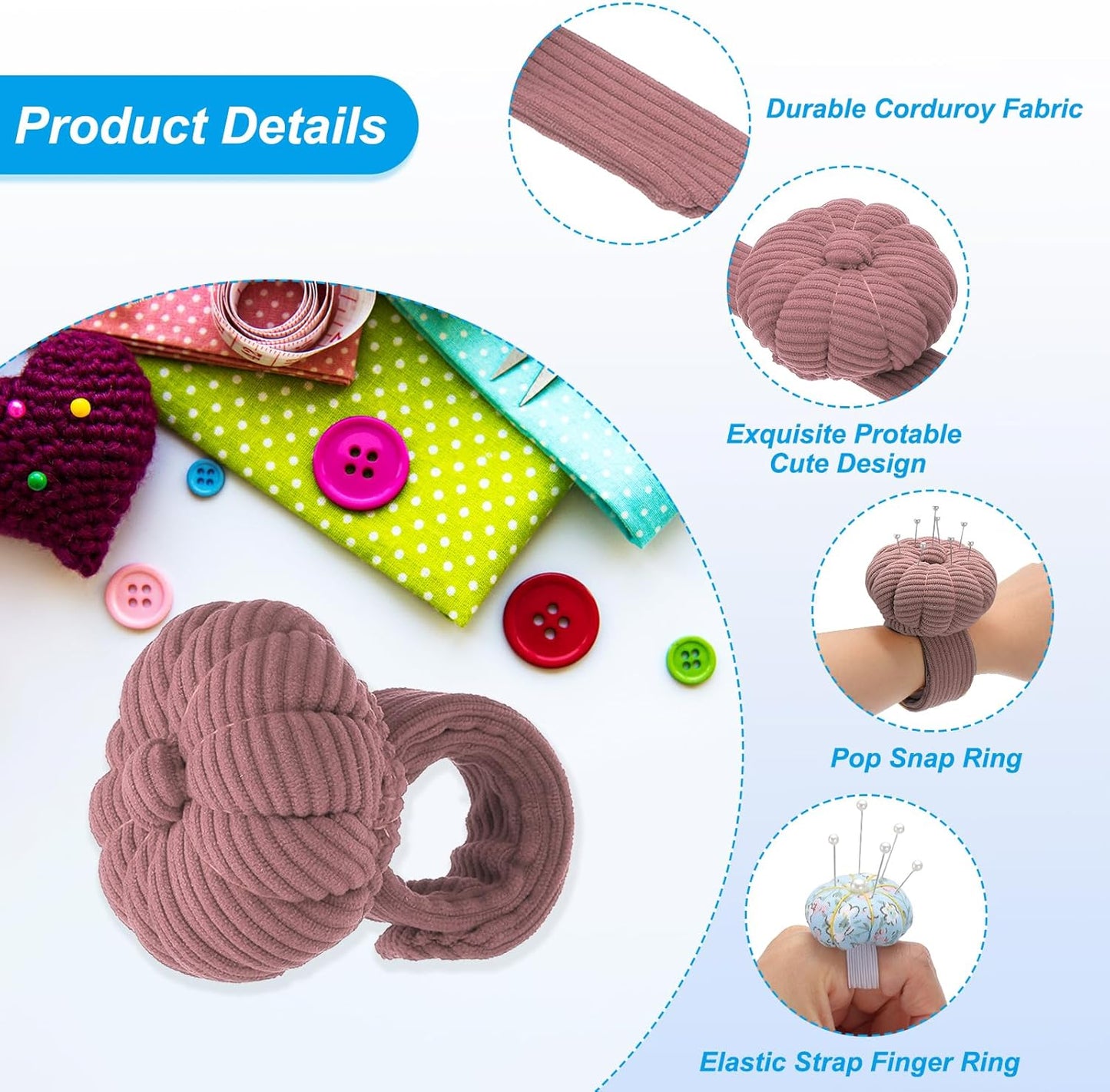 PATIKIL Wrist Pumpkin Pin Cushion, Snap Pin Cushion with Elastic Strap Ring Portable Embroidery Needle Pin Storage for Hand Craft Knitting, Pink