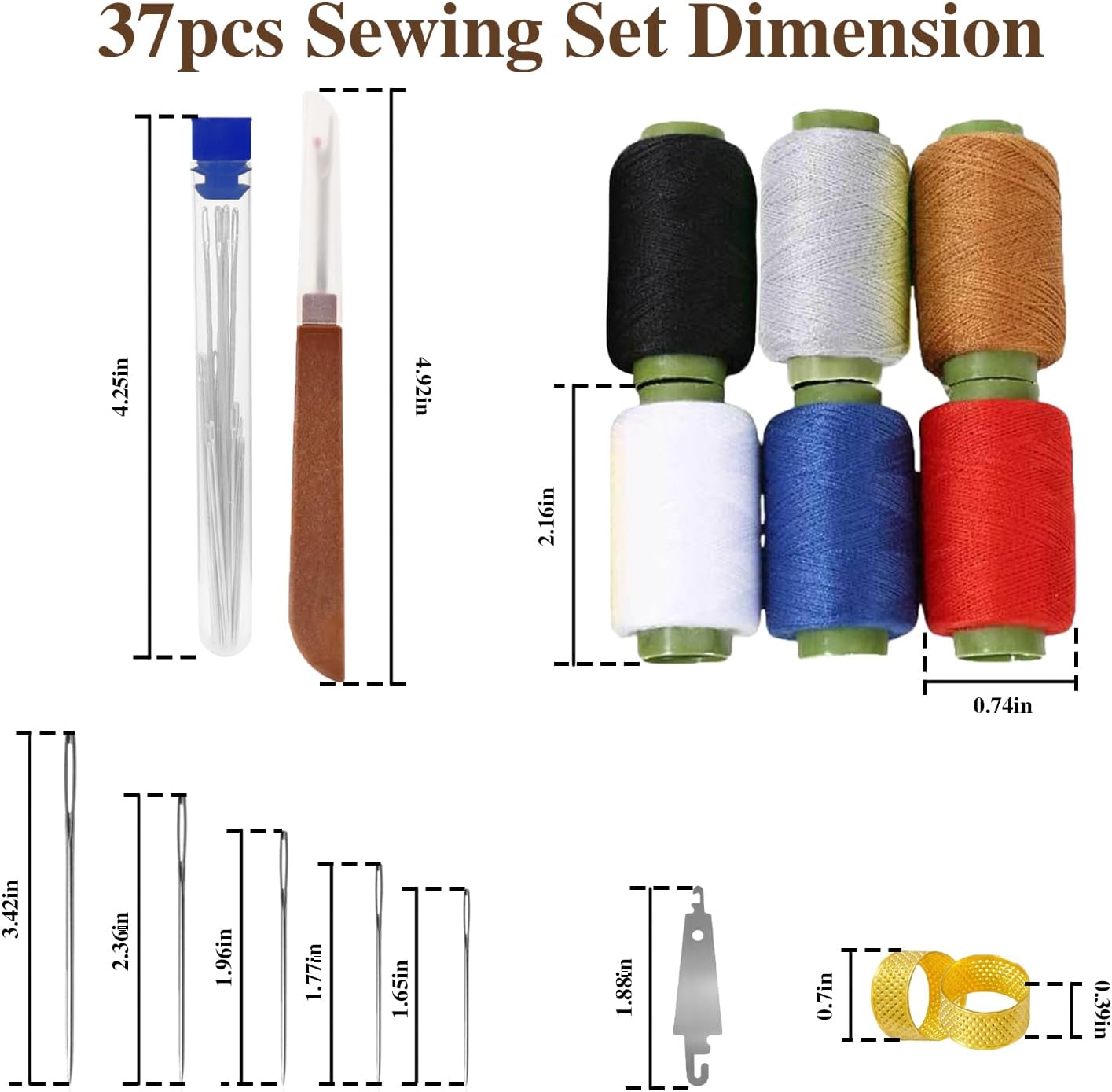 Big Eye Steel Sewing Needles Kit,37PCS Sewing Tool Set-Steel Needles,Thread Ripper,Thimble,Threaders and 6 Color Threads,Portable Hand Sewing Kit,for Beginners,Craft DIY Lovers,Daily Use (37 PCS Set)