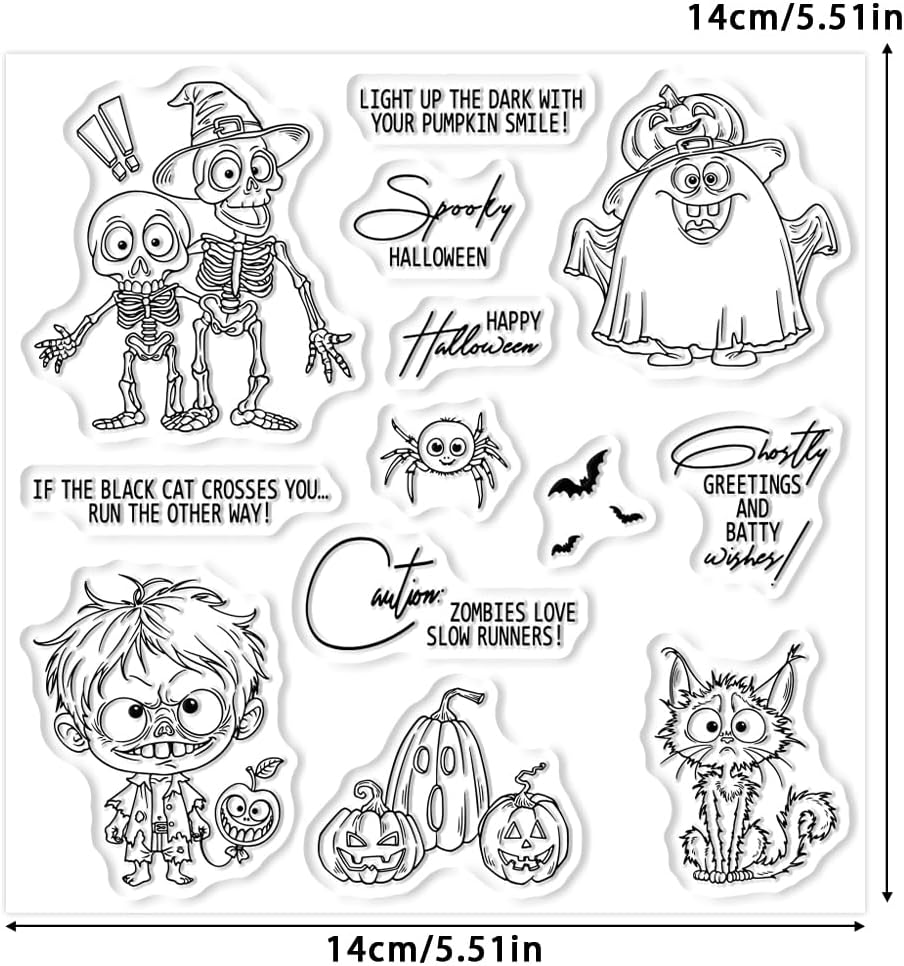 Halloween Clear Silicone stampReusable Stamp with Pumpkins, Skulls, Bats, Santa Claus, and Holiday Designs. Used for Making Cards, scrapbooks, and DIY templates (Halloween Skeleton)