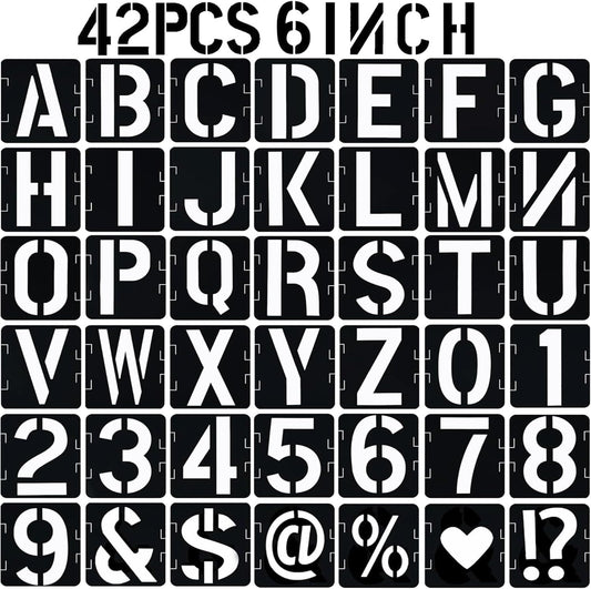 6 in Alphabet Number Stencils for Painting, 42 Pcs Reusable Letter Stencils for DIY Project Art Craft Spray Painting Templates Interlocking Stencil Kits for Wood Signs, Wall Art