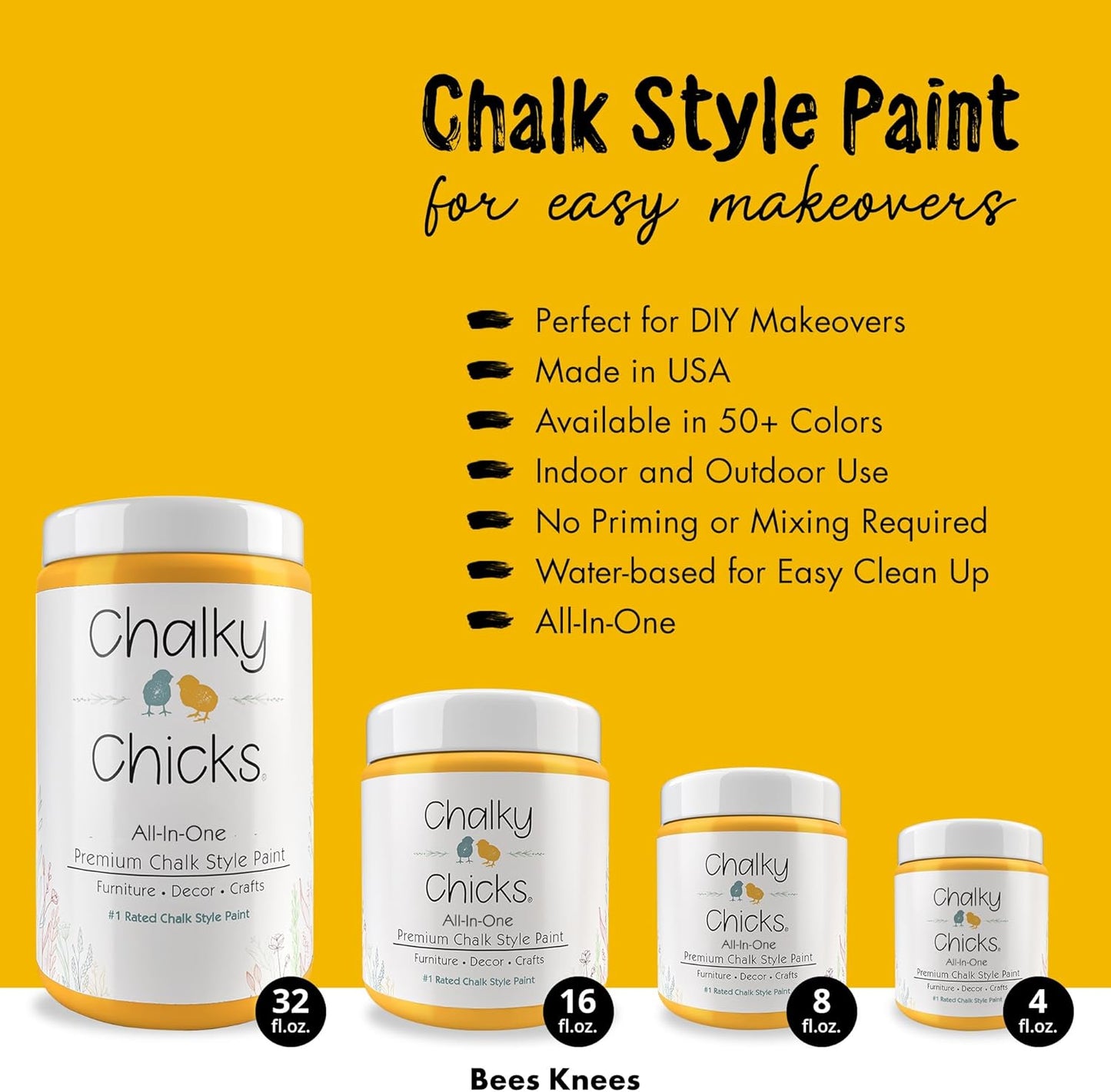 Chalky Chicks All-in-One Chalk Paint for Furniture or Cabinet - 16 Fl Oz - Matte Finish Bees Knees (Yellow) for Metal, Wood Furniture Paint - No Sanding All-in-One for Home Decor & Crafts, USA Made