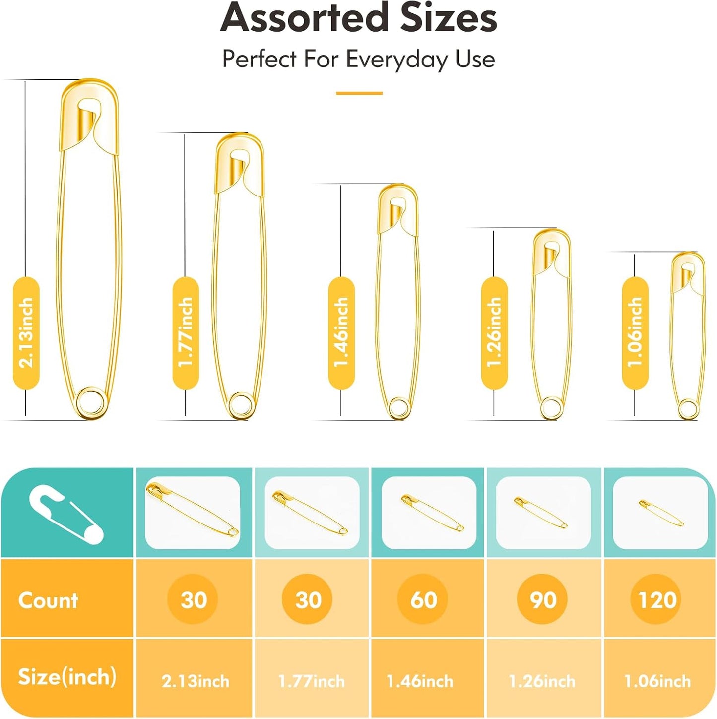 Safety Pins Assorted, 340 Pack 5 Different Sizes Small and Large Safety Pin for Clothes Costume Sewing, Nickel Plated Steel, Arts and Crafts Supplies, Gold