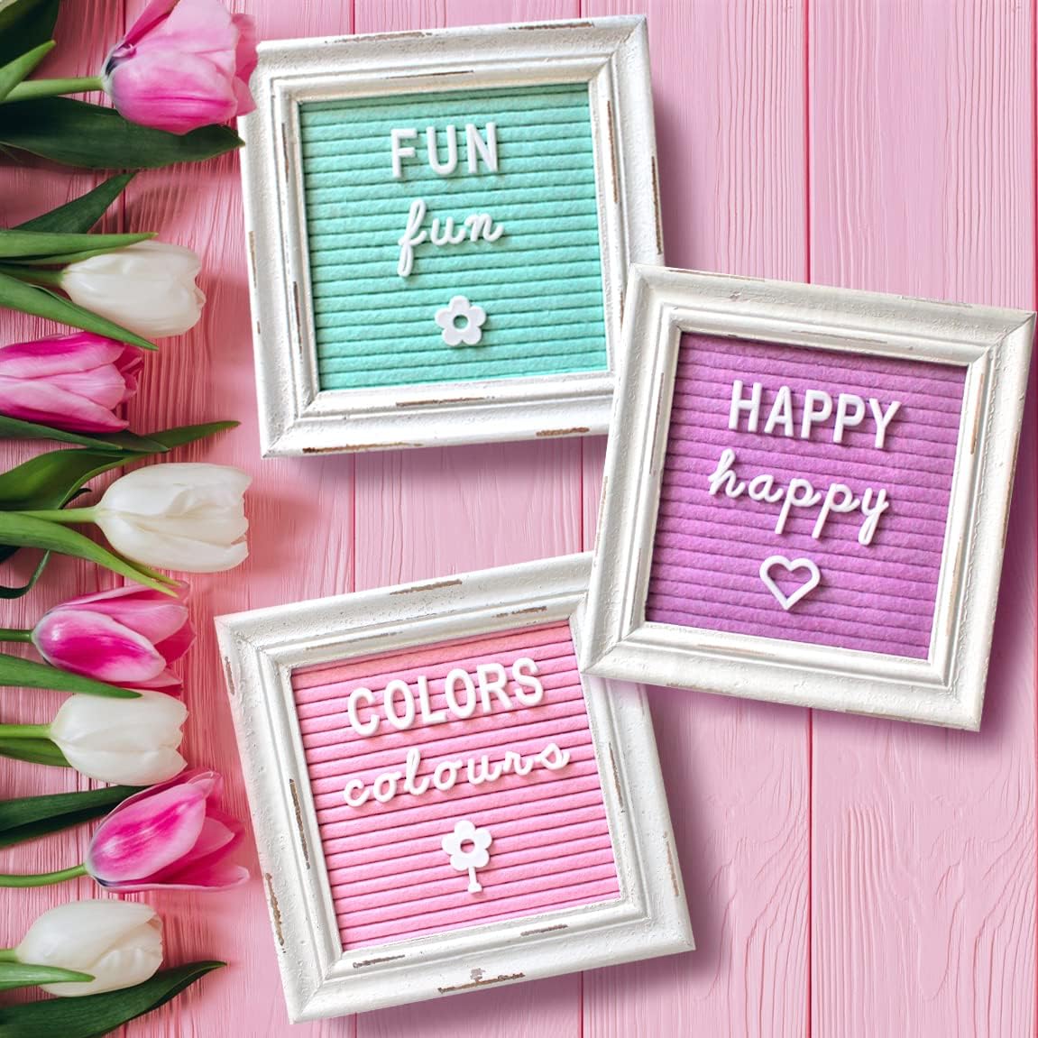 Mini Rustic Felt Letter Board Farmhouse Trio Changeable Message Boards by Felt Creative Home Goods Vintage Style Frames 3 Pack Bundle White Letter Set with Cursive Months Days (6x6) Color Edition