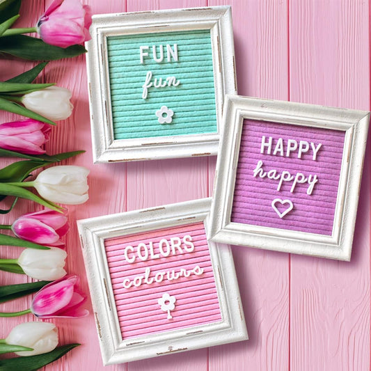 Mini Rustic Felt Letter Board Farmhouse Trio Changeable Message Boards by Felt Creative Home Goods Vintage Style Frames 3 Pack Bundle White Letter Set with Cursive Months Days (6x6) Color Edition