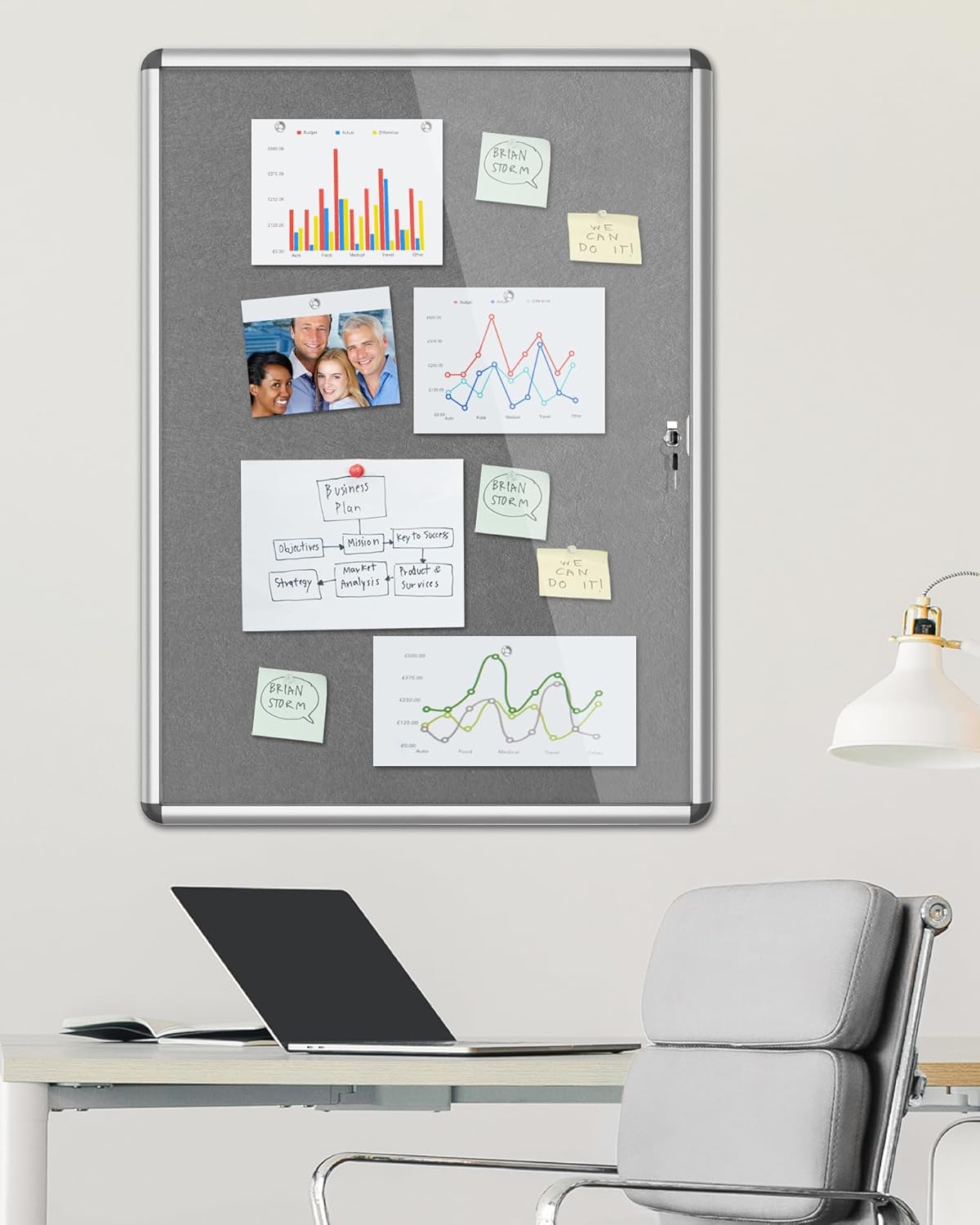 38"x28" Enclosed Bulletin Board, Lockable Weather-Resistant Aluminum Cork Noticeboard for School & Office, Silver Frame w/Grey Flet