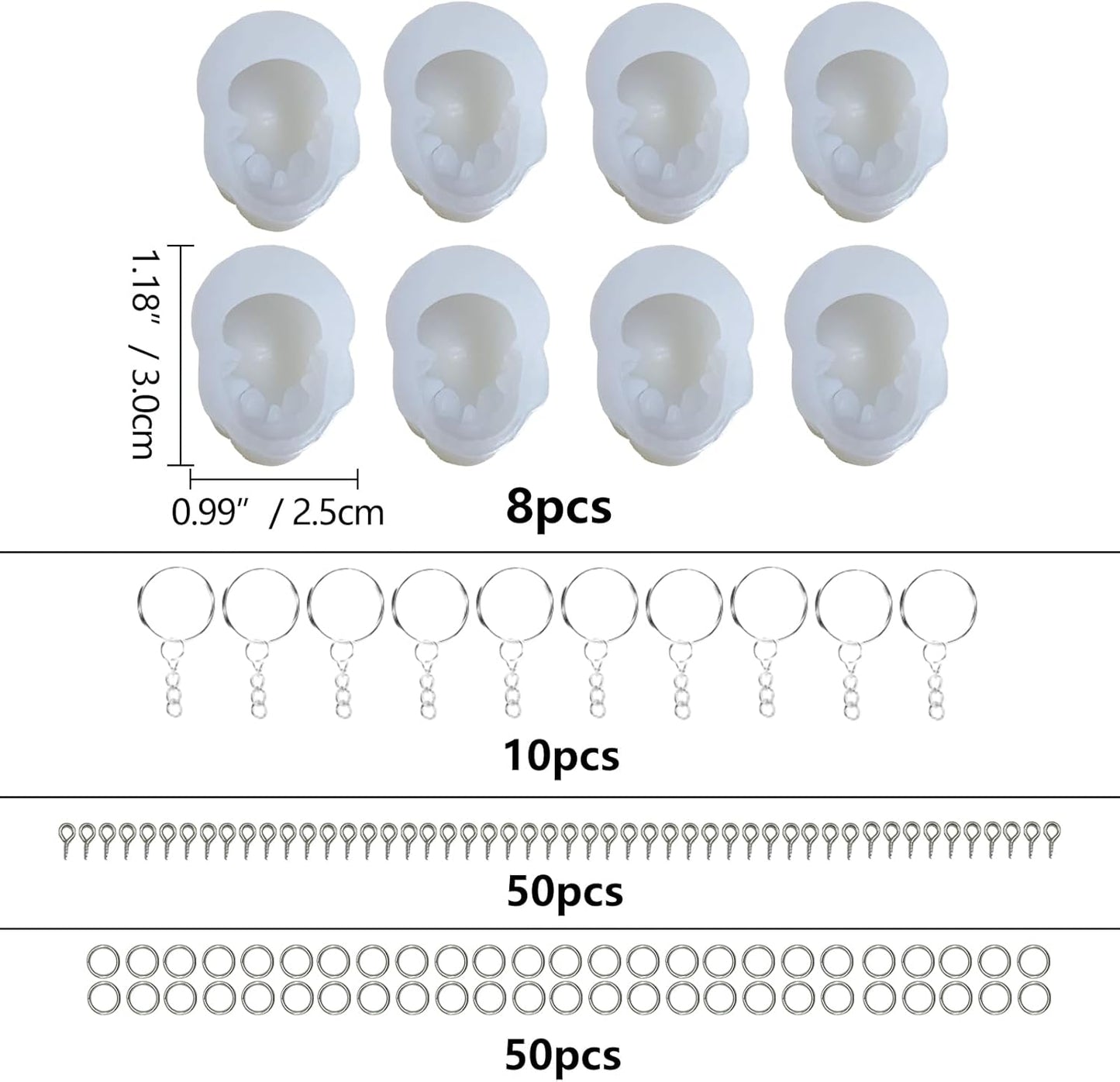 Skull Resin Molds Silicone Molds for Epoxy Resin Casting 8PCS Mini 3D Skull Candle Mold Halloween Key Ring Accessory
