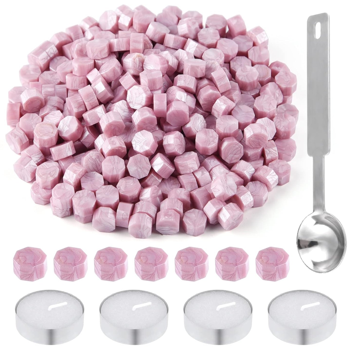 500 Pcs Wax Seal Kit - Pink Octagon Sealing Beads With 4 Tea Candles and 1 Melting Spoon for Crafts, Letters, Wine, Greeting Cards