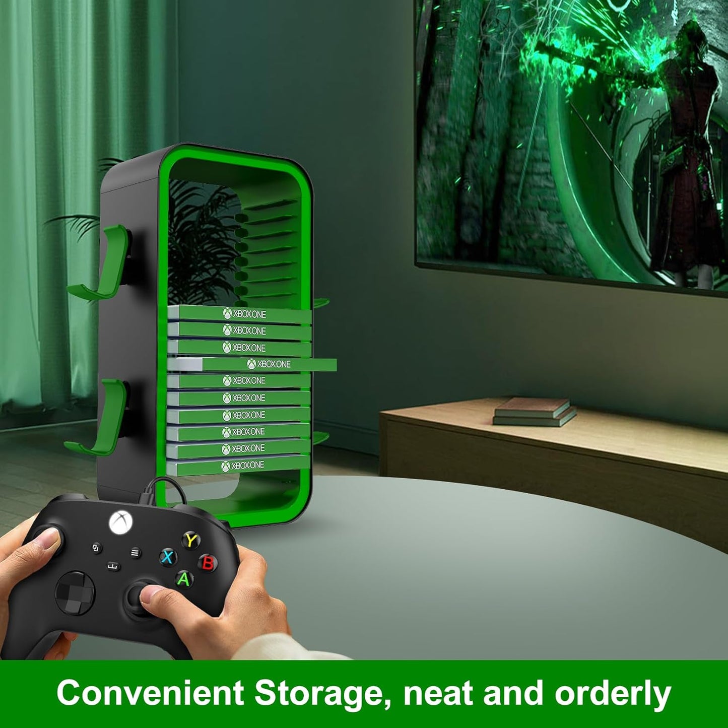 wigmoa OYO-1【15.8INCH】 game Storage Tower Compatible with PS5/ Xbox Series S & X/Switch, Universal Video Games Discs Organizers 18 PCS with 4 Controllers Holder, Game Disk Box Stand. (Black/Green)