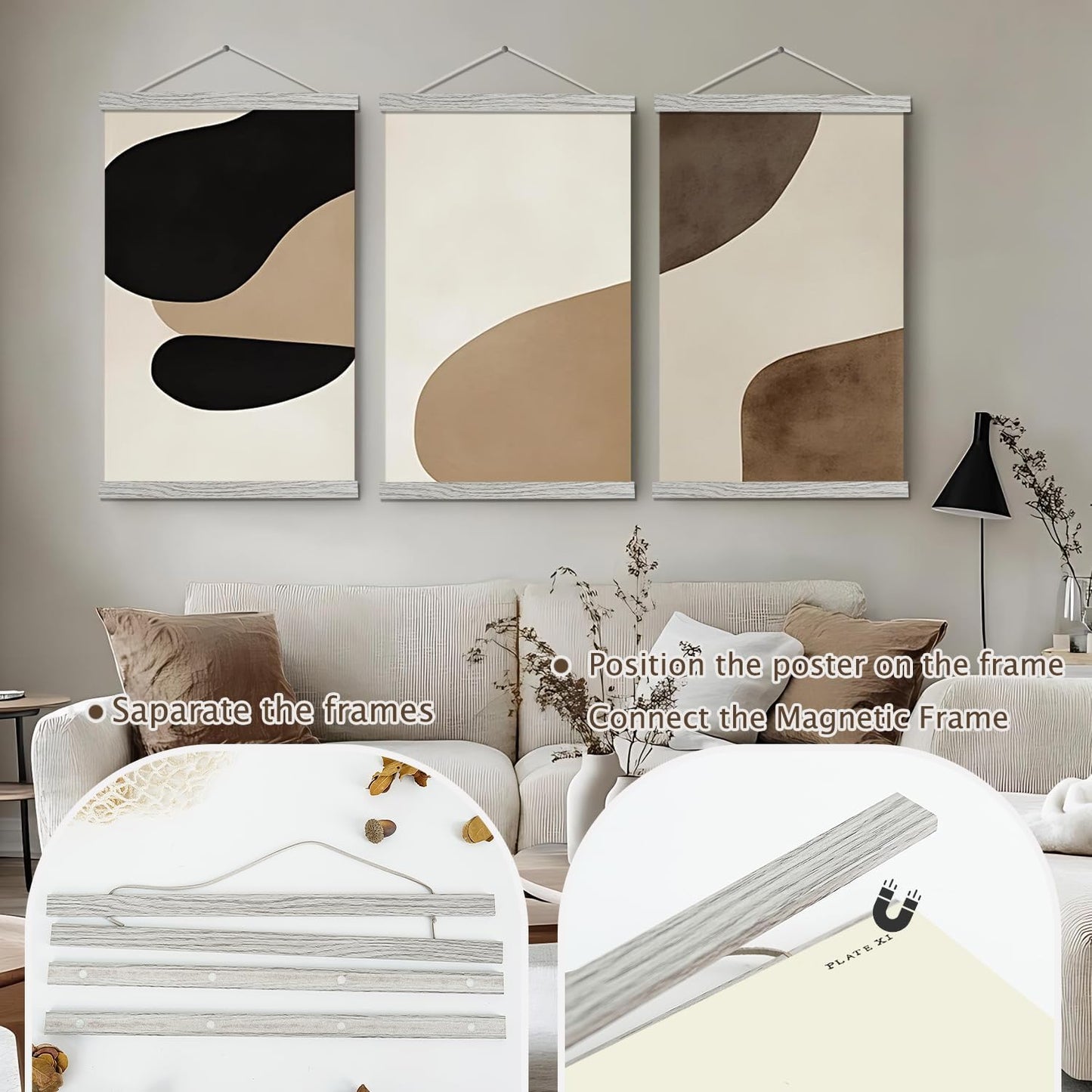 Artmag Magnetic Poster Hanger Frame, 30x40 30x20 30x24 Light Wood Wooden Magnet Canvas Artwork Print Poster Hangers Frames Hanging Kit (Grey, 30")