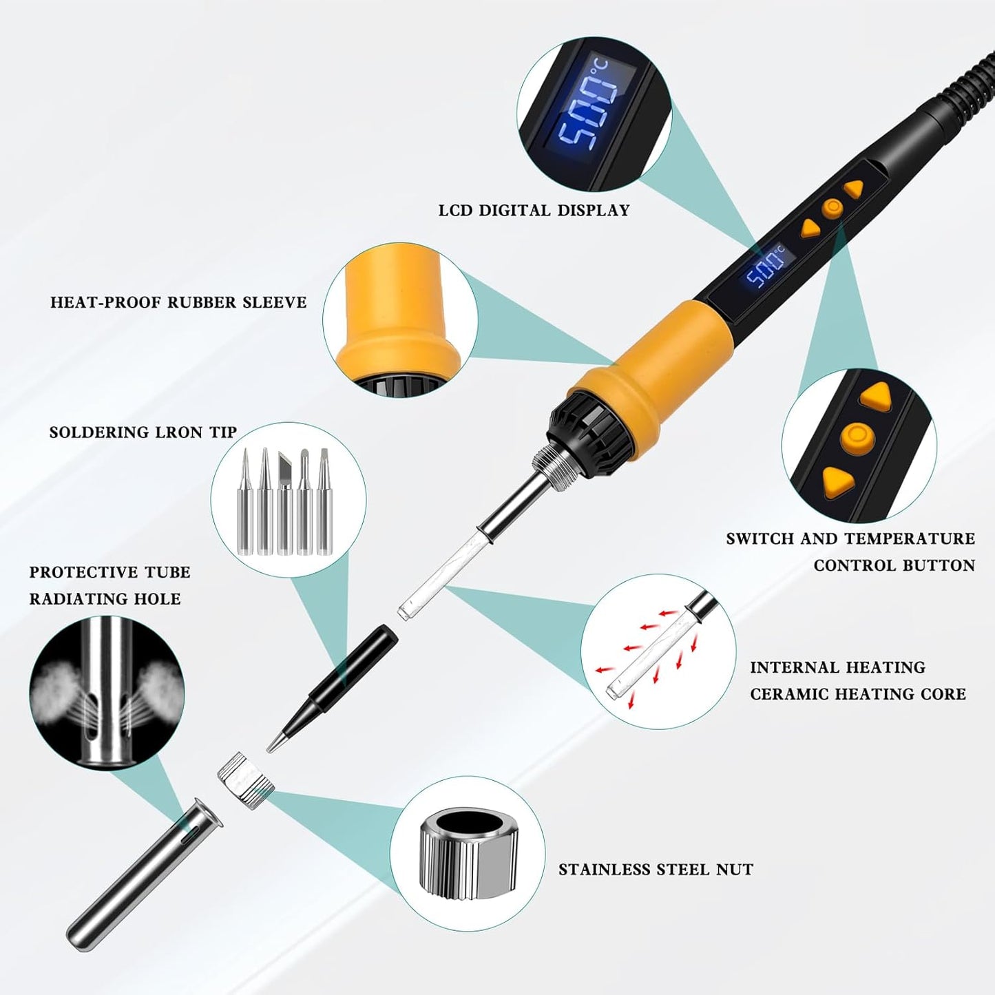 Soldering Iron Kit,80W LED Display Adjustable Temperature Soldering Iron Kit with Automatic Sleep Mode, Includes 5 Tips, Solder Wire, Stand, Flux - Professional Orange Welding Tool for Repair and DIY