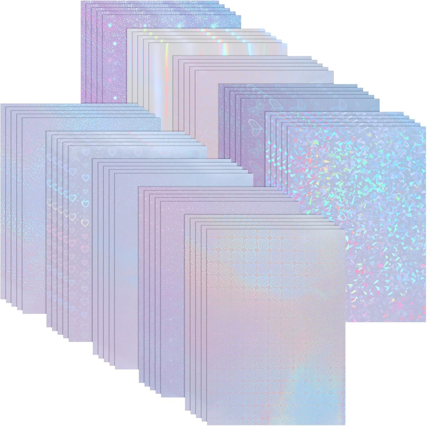 KEILEOHO 50 Sheets A4 Holographic Paper Sticker, 10 Patterns Styles Clear Waterproof Self Adhesive Film, 11.7 x 8.3 Inches Holographic Cardstock