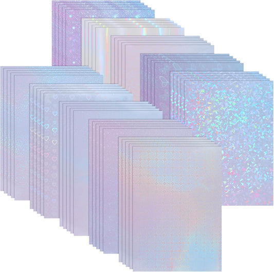 KEILEOHO 50 Sheets A4 Holographic Paper Sticker, 10 Patterns Styles Clear Waterproof Self Adhesive Film, 11.7 x 8.3 Inches Holographic Cardstock
